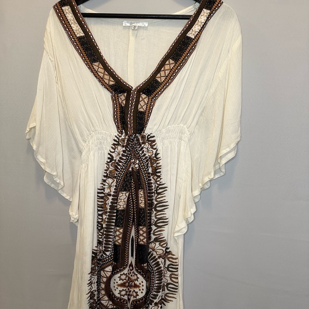 Sopogee Womens Dress Tribal Festival Boho V-Neck Elastic Waist Lined Gauzy Sz M - Picture 9 of 14